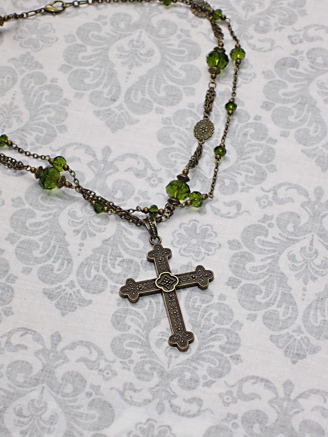 Vintage Style  Brass Cross Necklace with Green Faceted Beads