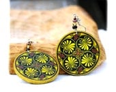 Mustard Yellow brown plant theme leaf Earrings Round autumn leaves circles (A4)