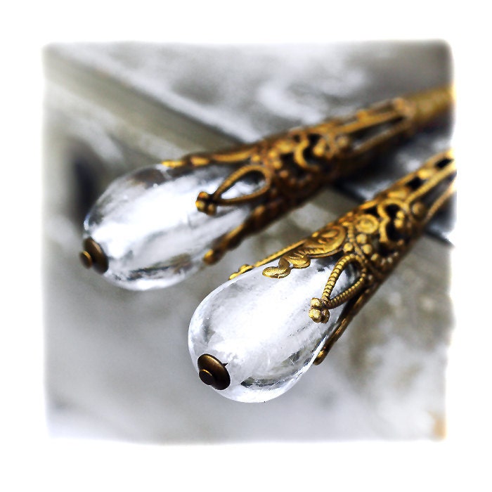 Icy White Murano Victorian Style Long Dangle Earrings antique gold, silver foil glass Vintage Inspired