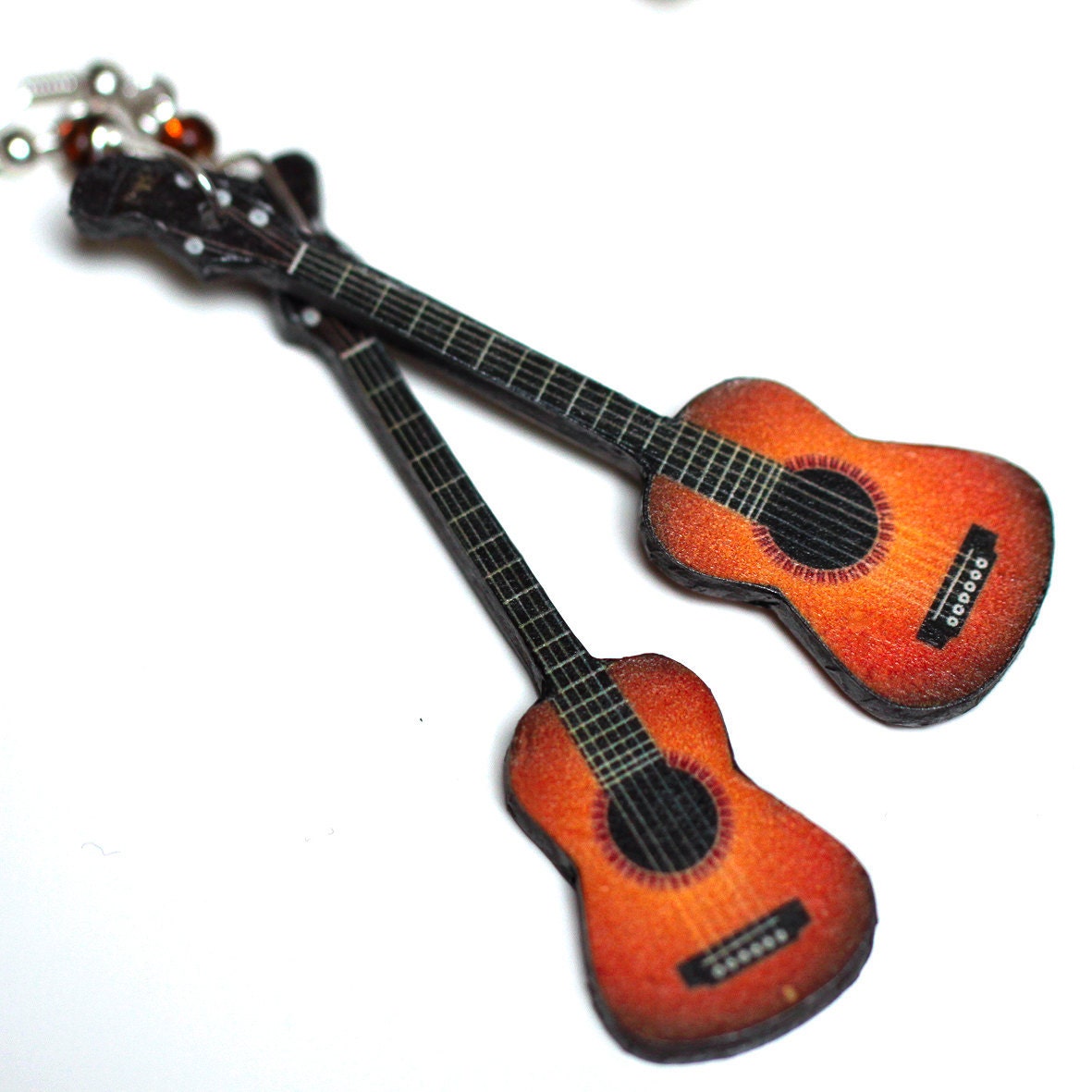 Guitar Earrings, Long dangle 2 - sided jewelry, gift for musician, music fan, gift for her under 25