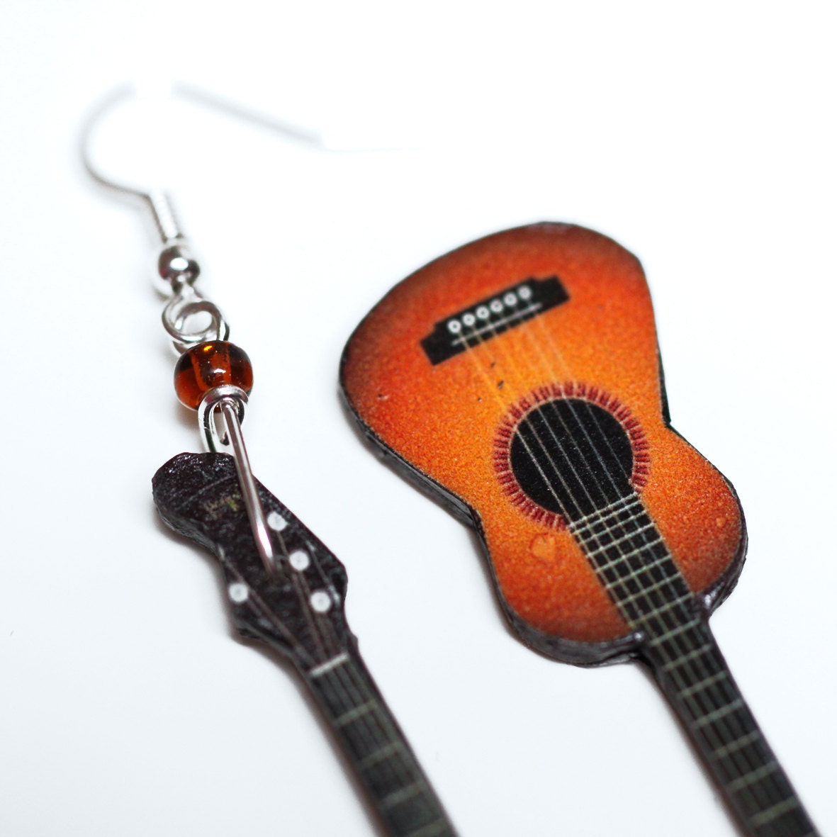 Guitar Earrings, Long dangle 2 - sided jewelry, gift for musician, music fan, gift for her under 25