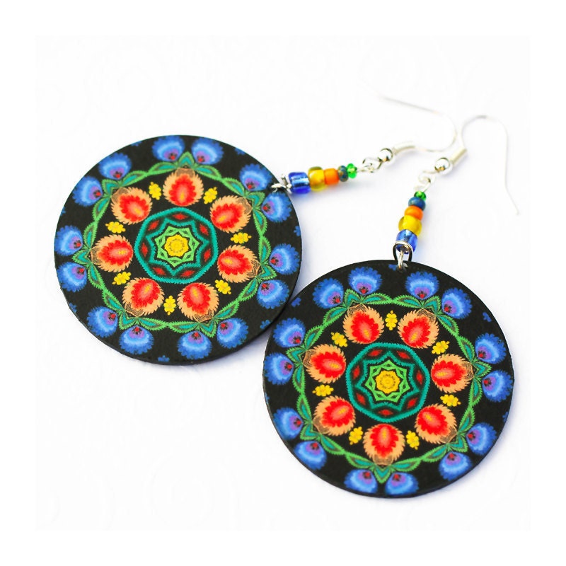 Folk Jewelry  polish folk art motif Earrings Round and Colorful black blue orange green (11L)