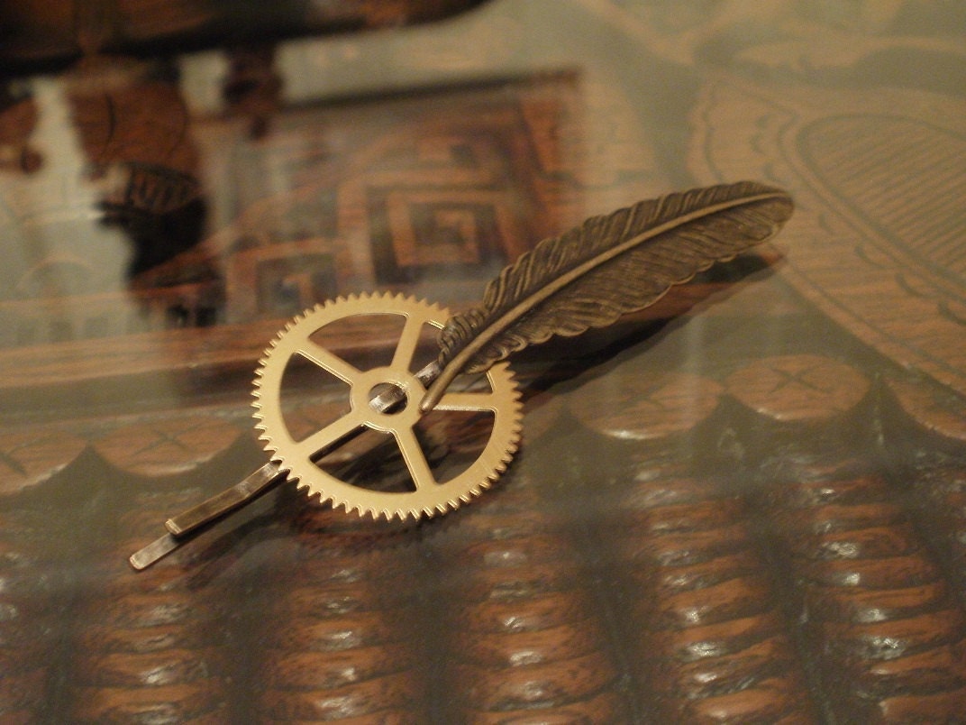 Steampunk Brass Feather Hair Pin