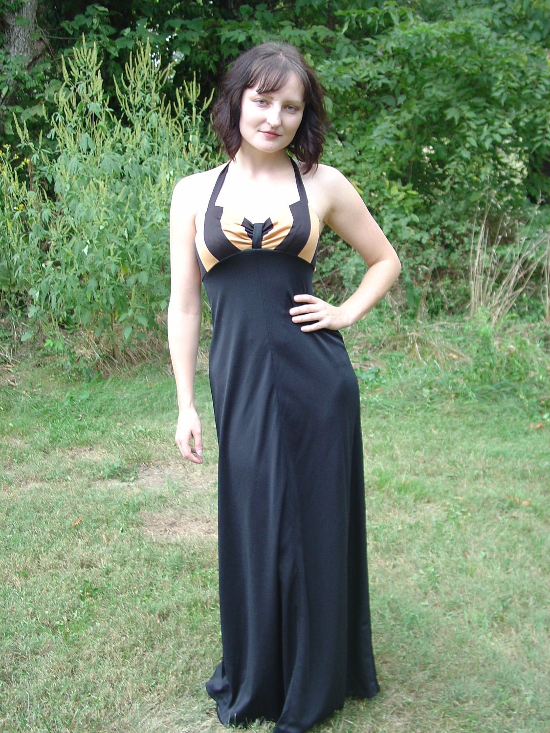 PA PA POWER Vintage Black and Orange Halter Dress