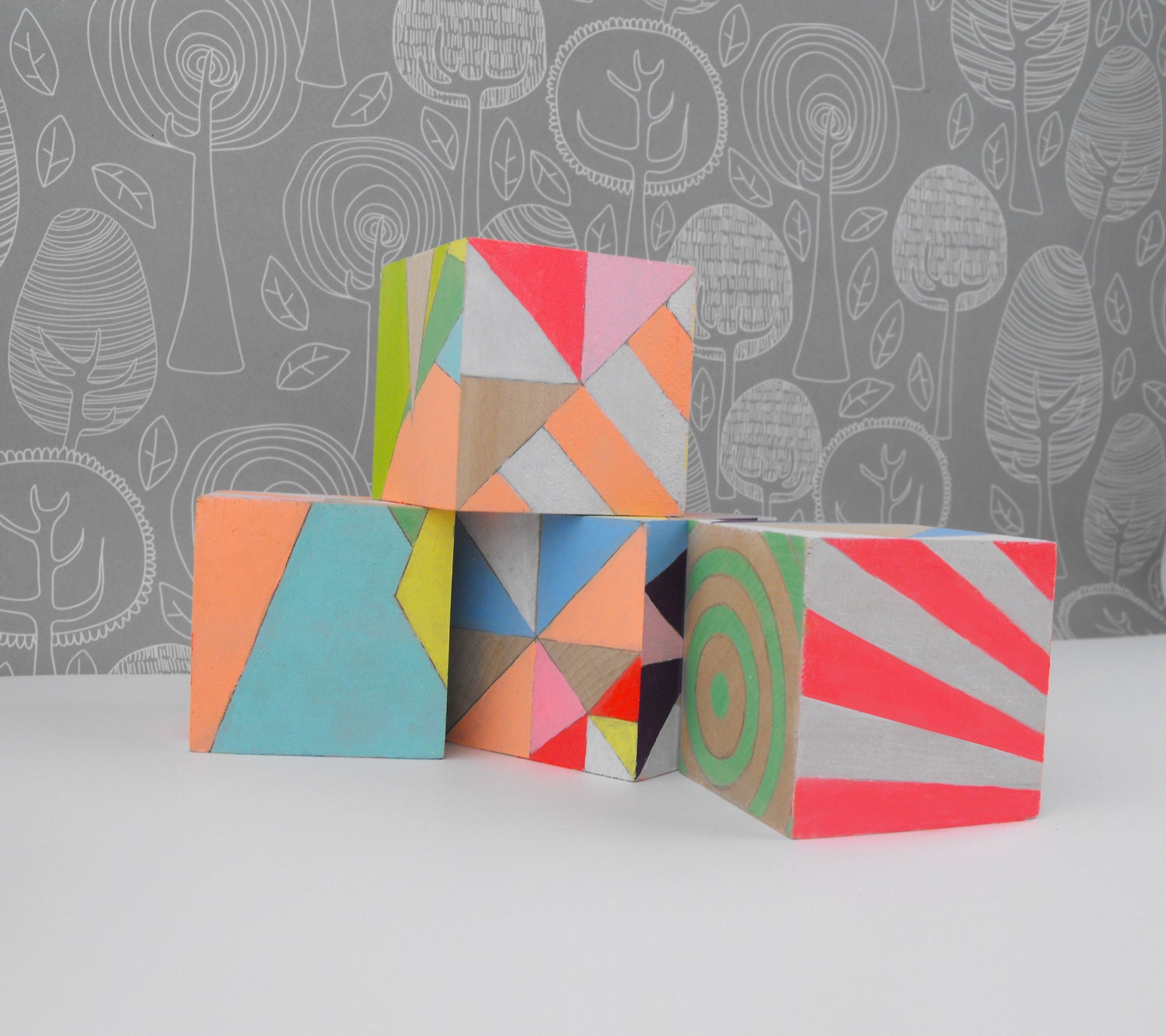 Ornament Geometric Neon Art Blocks x 4