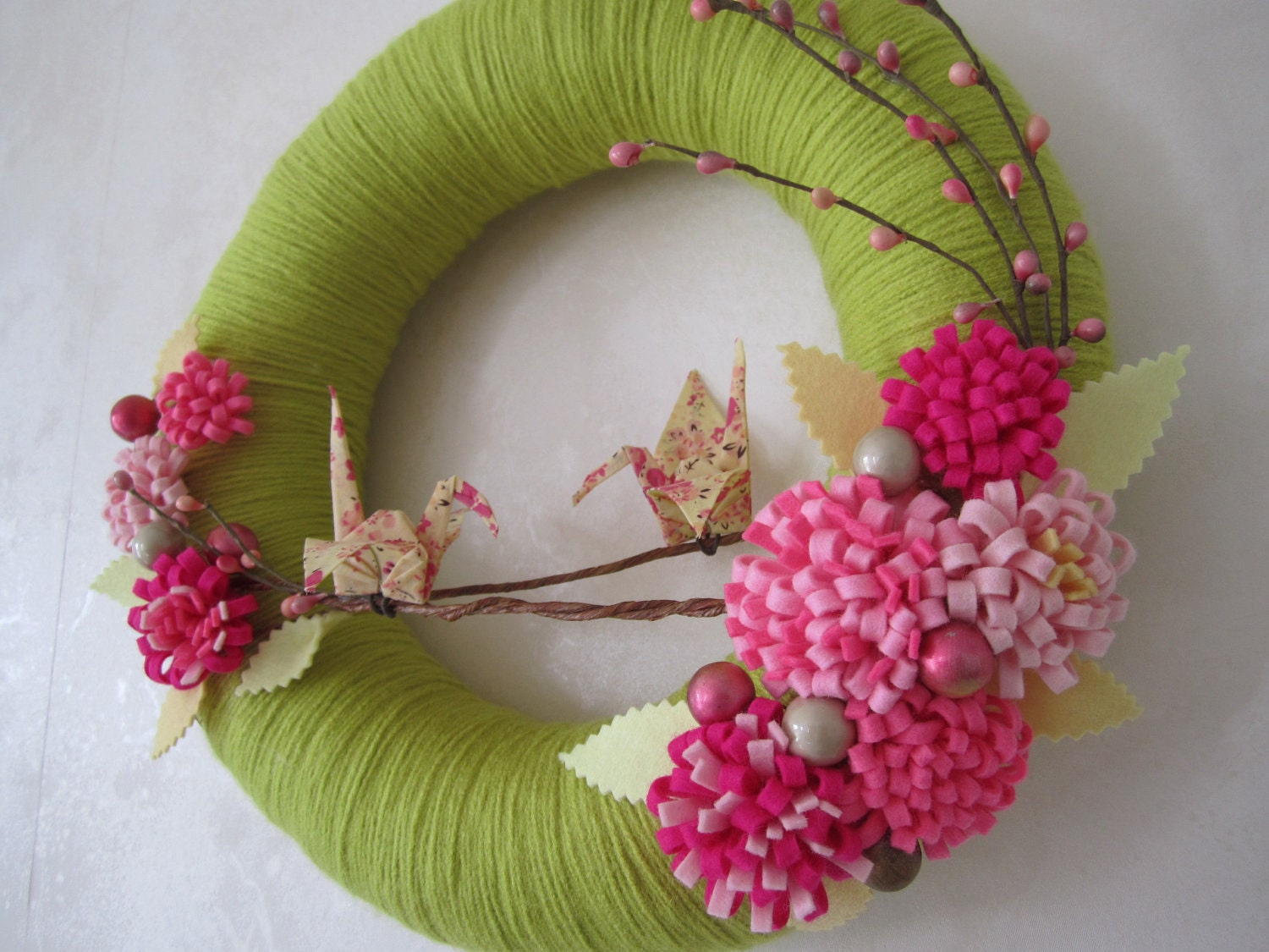 Spring Bloom Yarn Wreath - Origami Crane Pink Felt Flower 12"