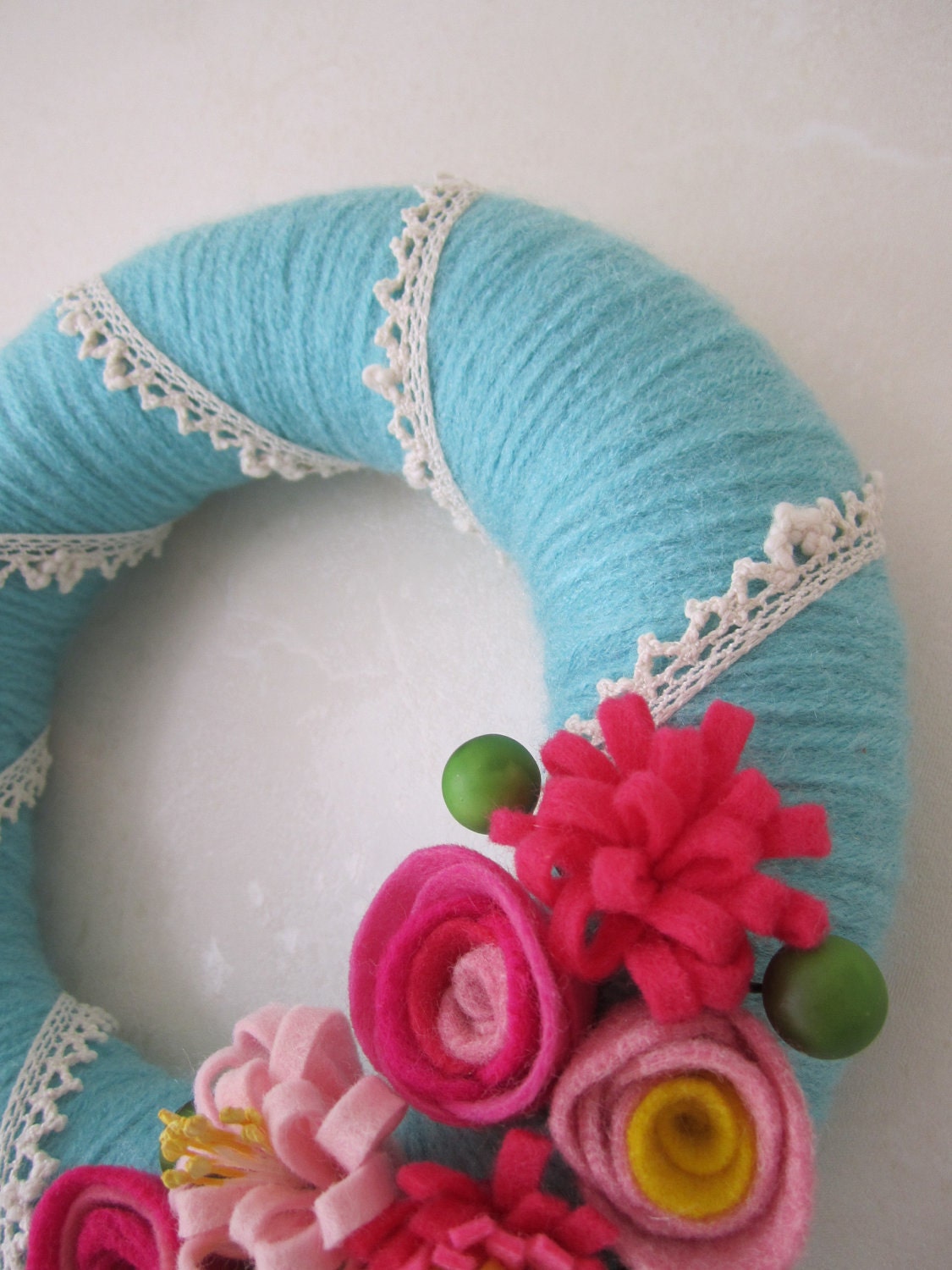 Romantic Spring Yarn Wreath - Blue, Pink, Yellow 8"