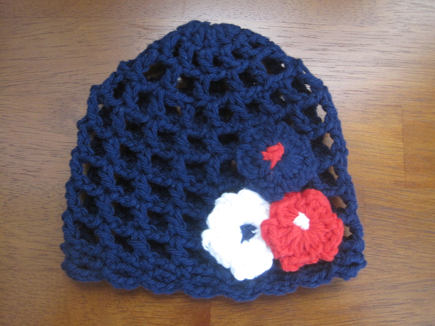 Crocheted Newborn Baby Summer Beanie with Red, White and Blue Flowers