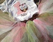 1st birthday owl onesie with name, colorful tutu, and matching hair bow