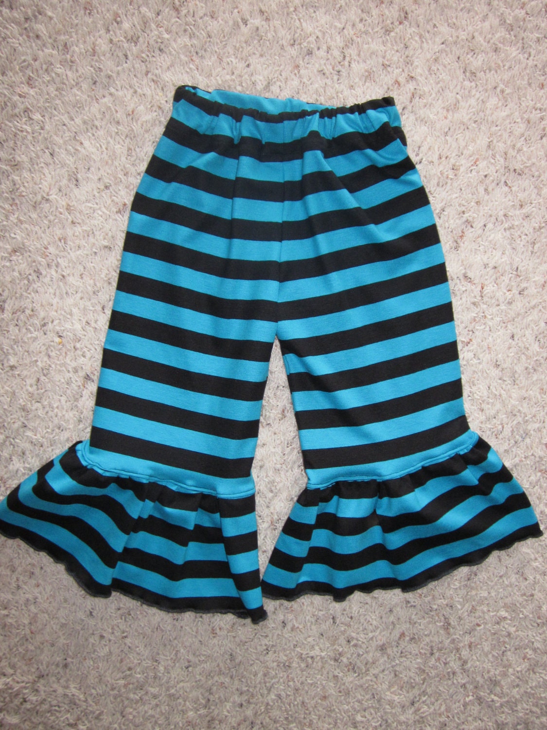 Girls Knit Ruffle Pants - Black and Teal stripe 2/3