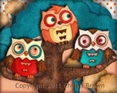 Owls Nursery Art Print for Kids boys girls 5 x 7 Recycled Paper, Turquoise, Red, Orange, Brown