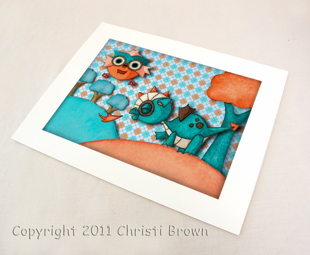 Baby Dragon and Owl Nursery Art Print Recycled Paper boys or girls for 8 x 10 turquoise peach orange