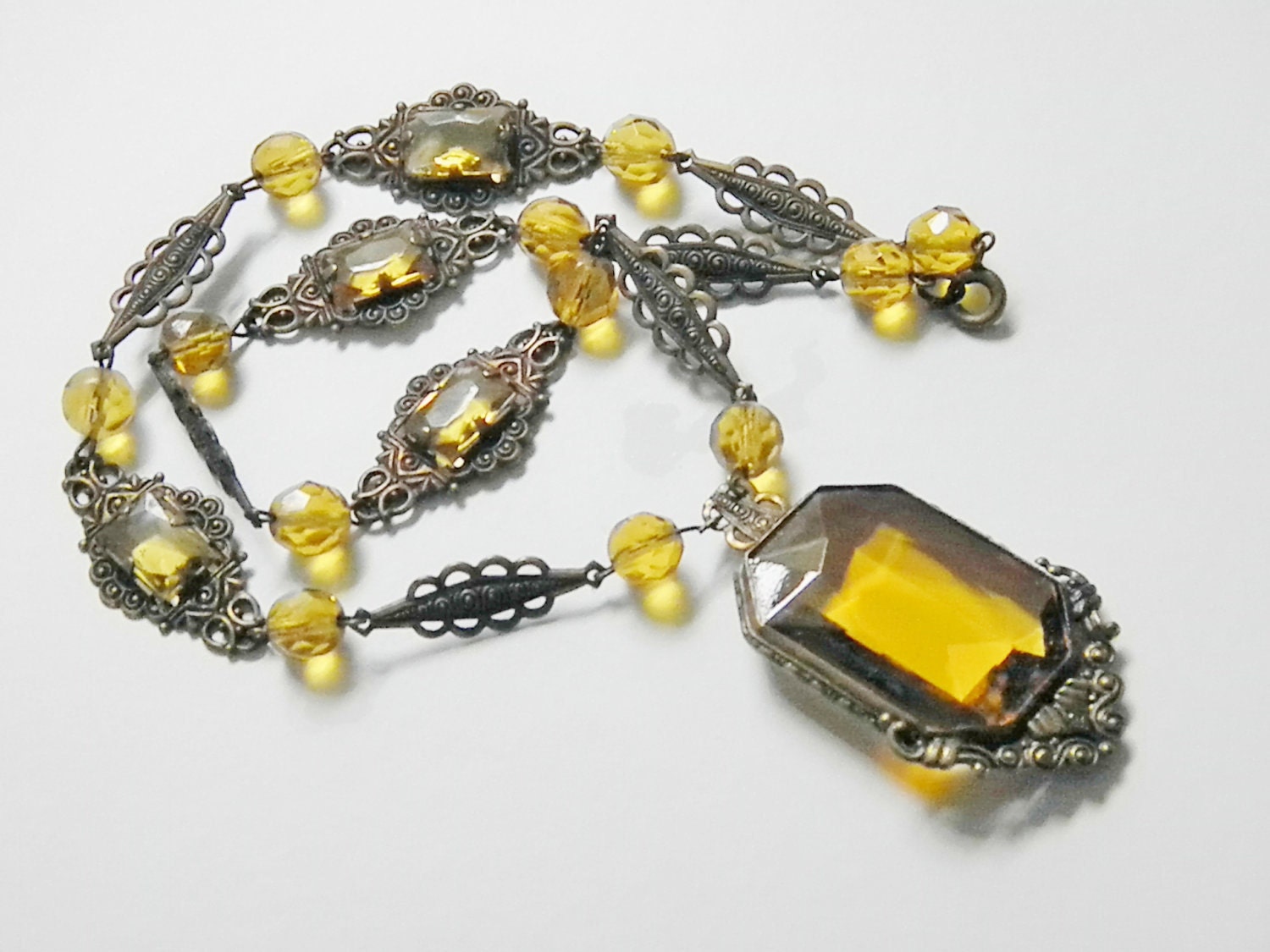 Vintage Deco Czech Yellow Glass Filigree Necklace, 20s