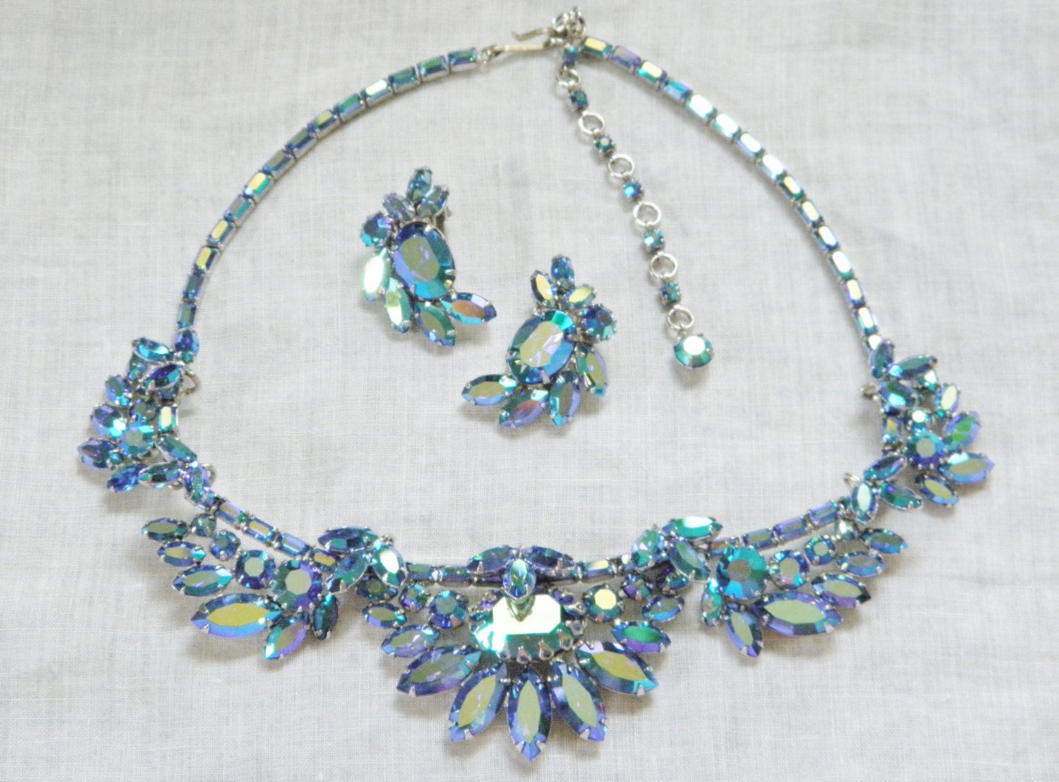Vintage Sherman Blue Rhinestone Necklace & Earrings