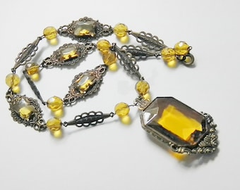Vintage Deco Czech Yellow Glass Filigree Necklace, 20s