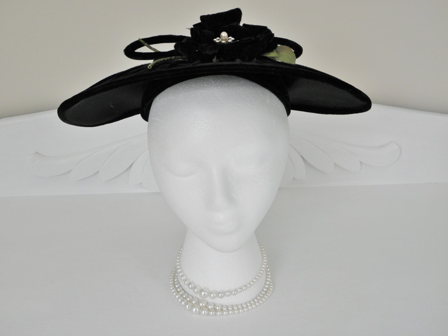 Vintage Black Velvet Derby Hat, Rhinestone, Floral