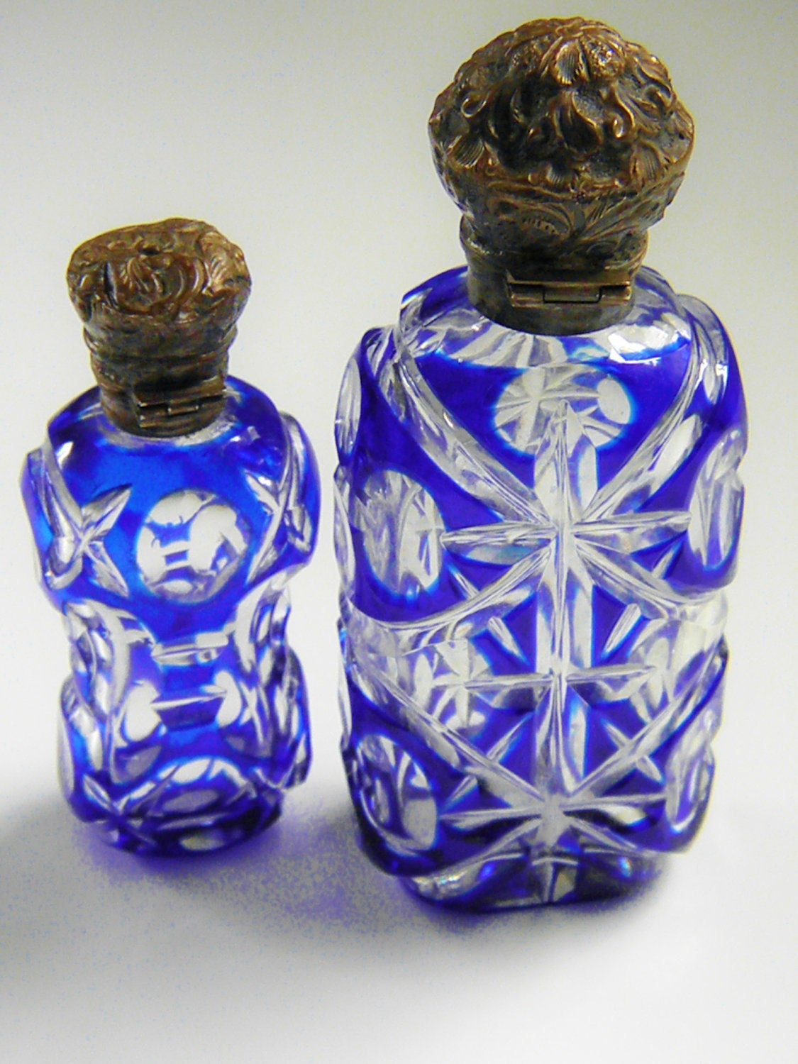 Victorian French Blue cut to Clear Glass Perfume Bottles