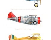 8x10 giclee print featuring three vintage airplanes in red, yellow and blue