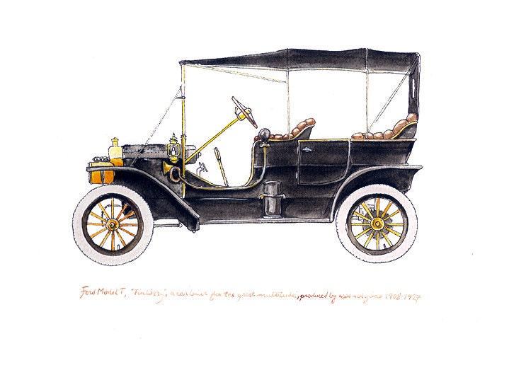 Ford Model T, "Tin Lizzy" classic automobile watercolor print, 8x10"