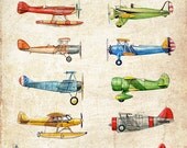 16x20 Vintage Airplane Collection, antiqued watercolor print