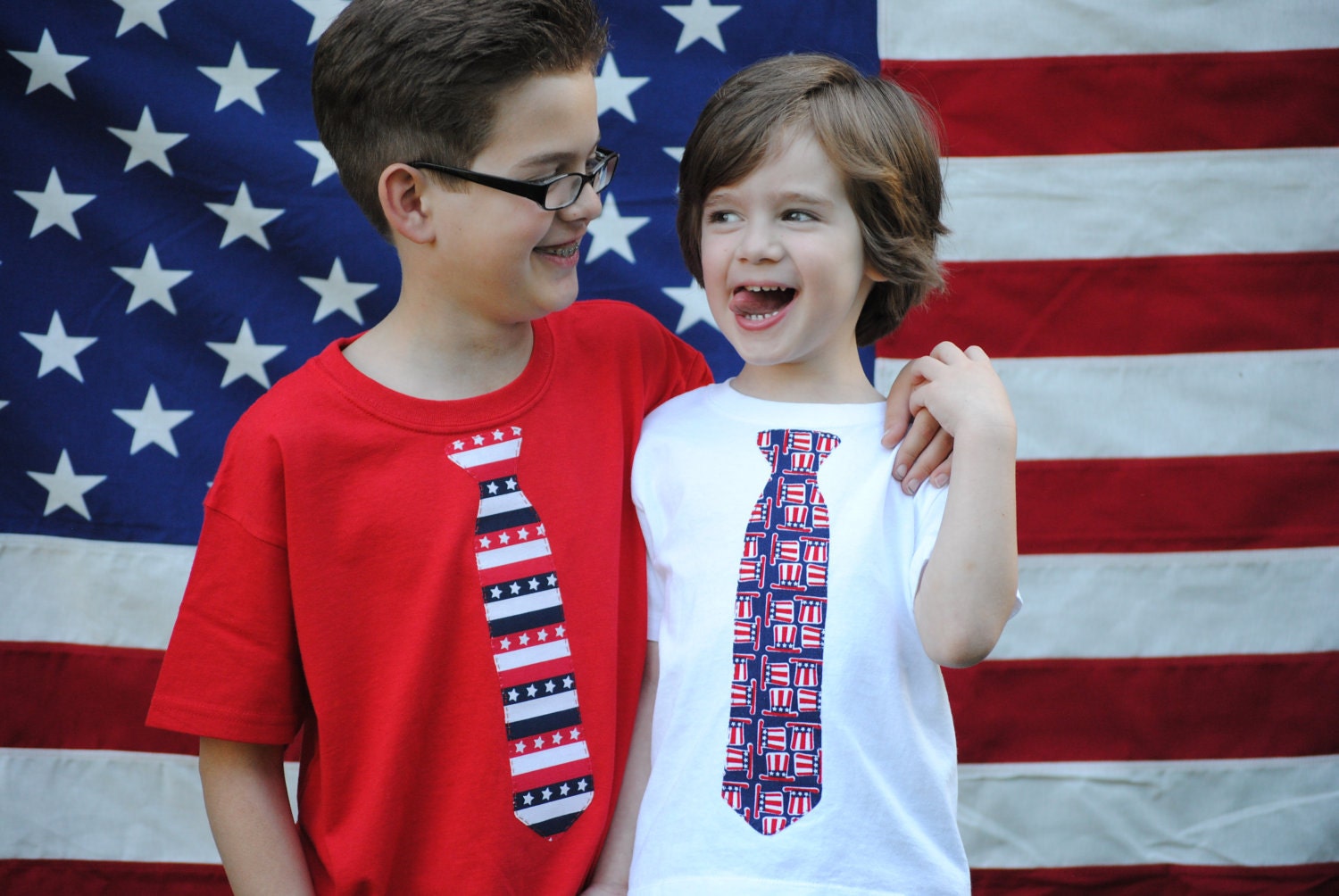 2 Kids patriotic, red, white and blue summer holiday tie tees (your choice of ties)