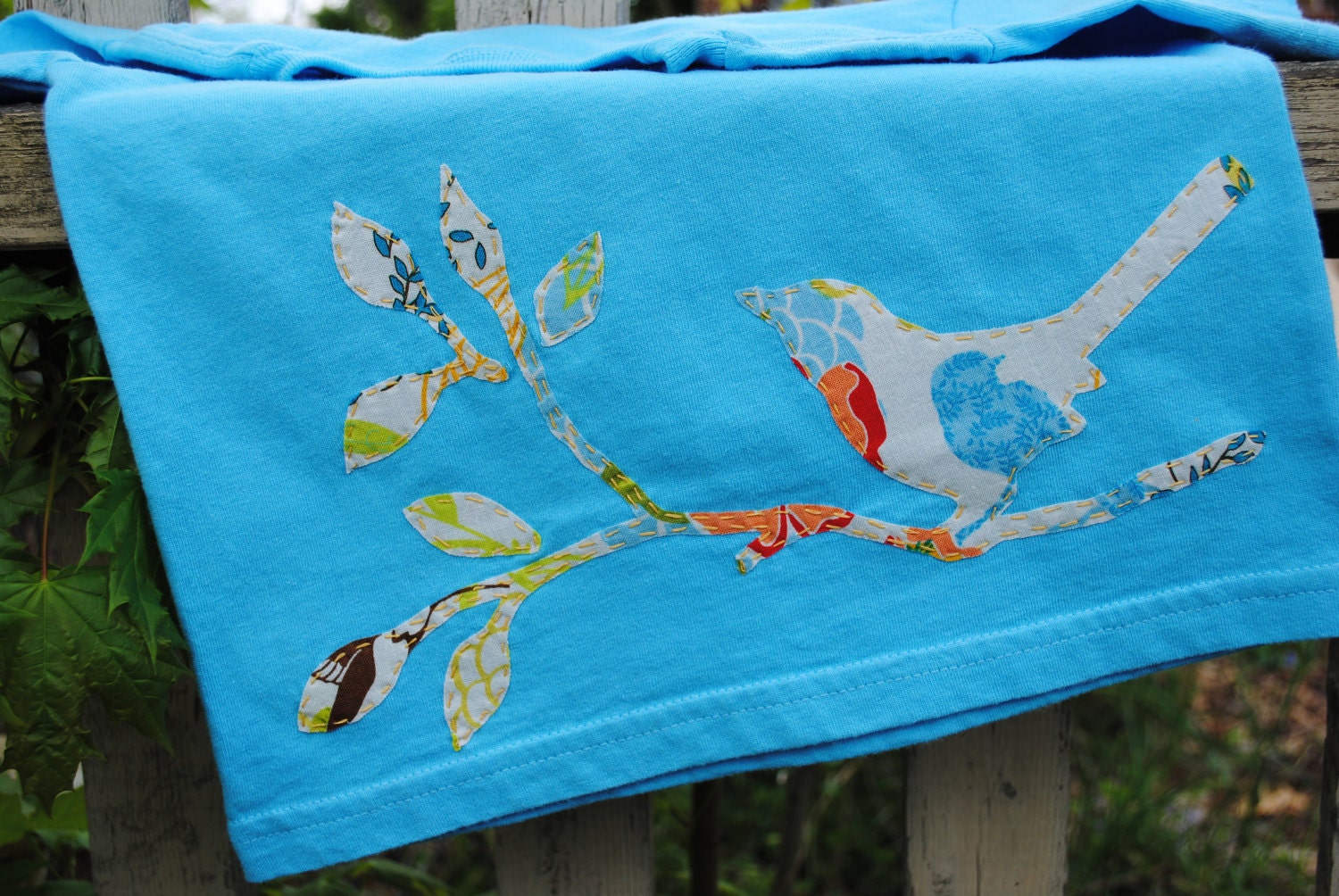 Hand sewn bird on a branch toddler t shirt