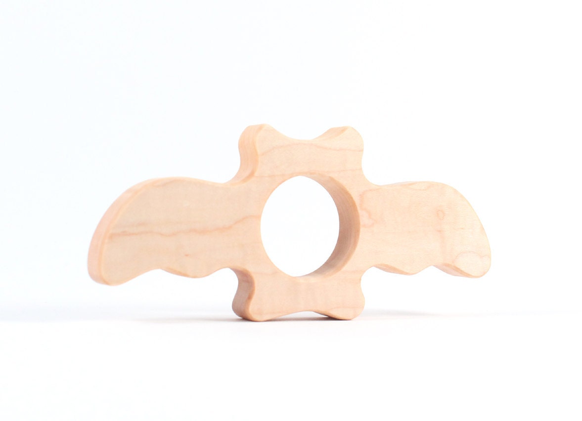 organic wooden bat teething toy - a natural wood teether, woodland animal for baby toddler, eco friendly and silky smooth