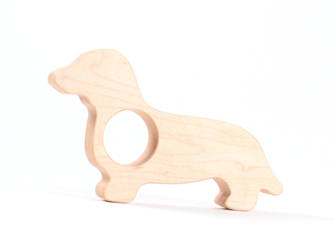 natural wood TEETHER - dachshund puppy - organic safe wooden green toy eco friendly for kids babies children