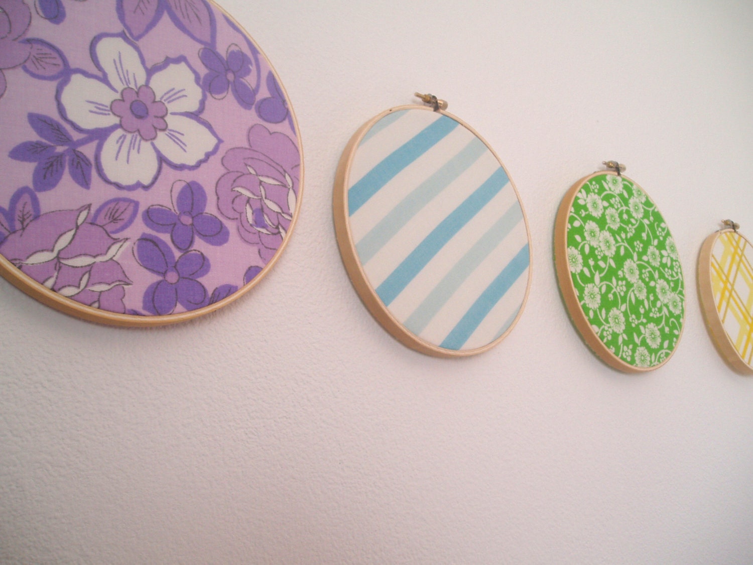 Vintage Rainbow Fabric Wall Art- Embroidery Hoop Frame- Set of Seven- Pretty Pink, Baby Blue, Lime Green, Sunny Yellow