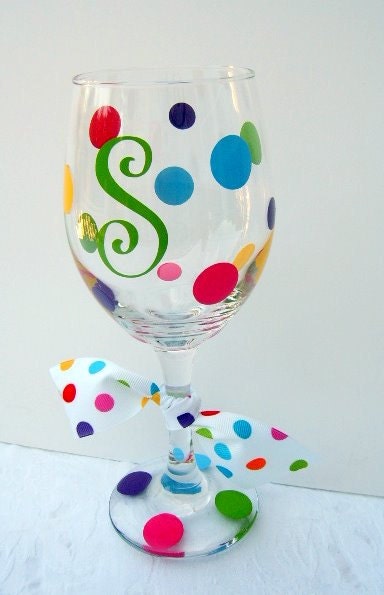 Personalized Letter Initial on Wine or Iced Beverage Glass with Vinyl Polka Dots