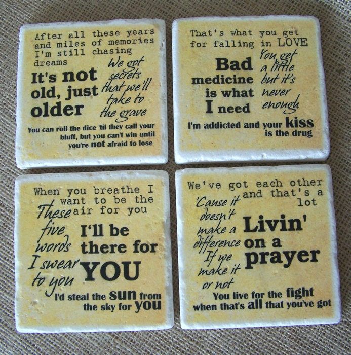 Set of Four (4) Tumbled Marble Stone Coasters - Bon Jovi - Rock - Music Lyrics - Song - Rustic Style Coasters