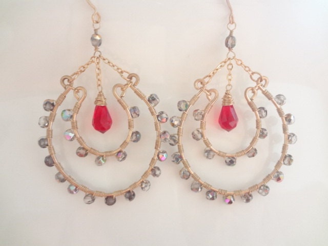 Art Deco, Wire Wrapped, 14K Gold Filled, Large Chandelier Earrings, Weddings, Bridesmaids, Bridal, Handmade Jewelry
