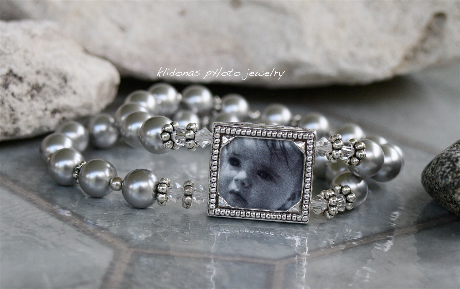 Wedding Bracelet Pearl Mother of Bride and Groom Photo gift / Silver glass pearls with rhinestone accents