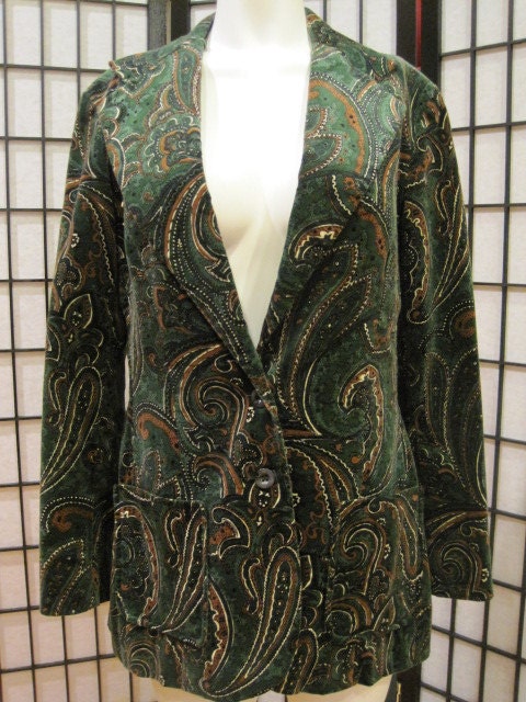 Mod Vintage Paisley Blazer Jacket Green Brown White California Girl 1960s 1970s Unisex