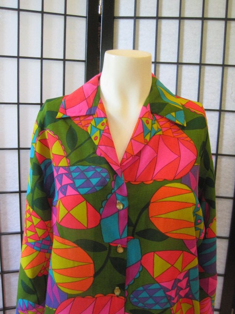 Vintage 1960s Blouse Shirt Top Abstract Floral Pattern Bold Colors Green Red Orange Pink Purple Turqouise Ochre Magenta Large