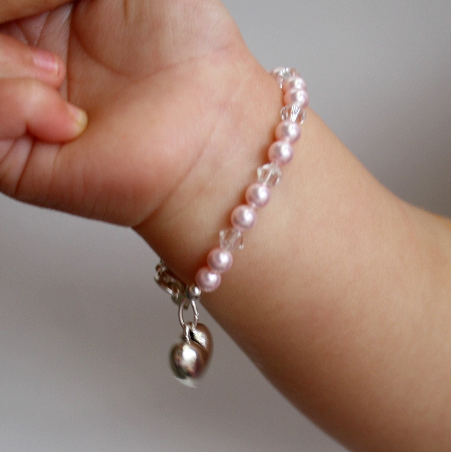 Baby Bracelet Girls Childs genuine Swarovski Pearl Heart Charm -Boutique Design 3 DIFFERENT  COLORS to choose from
