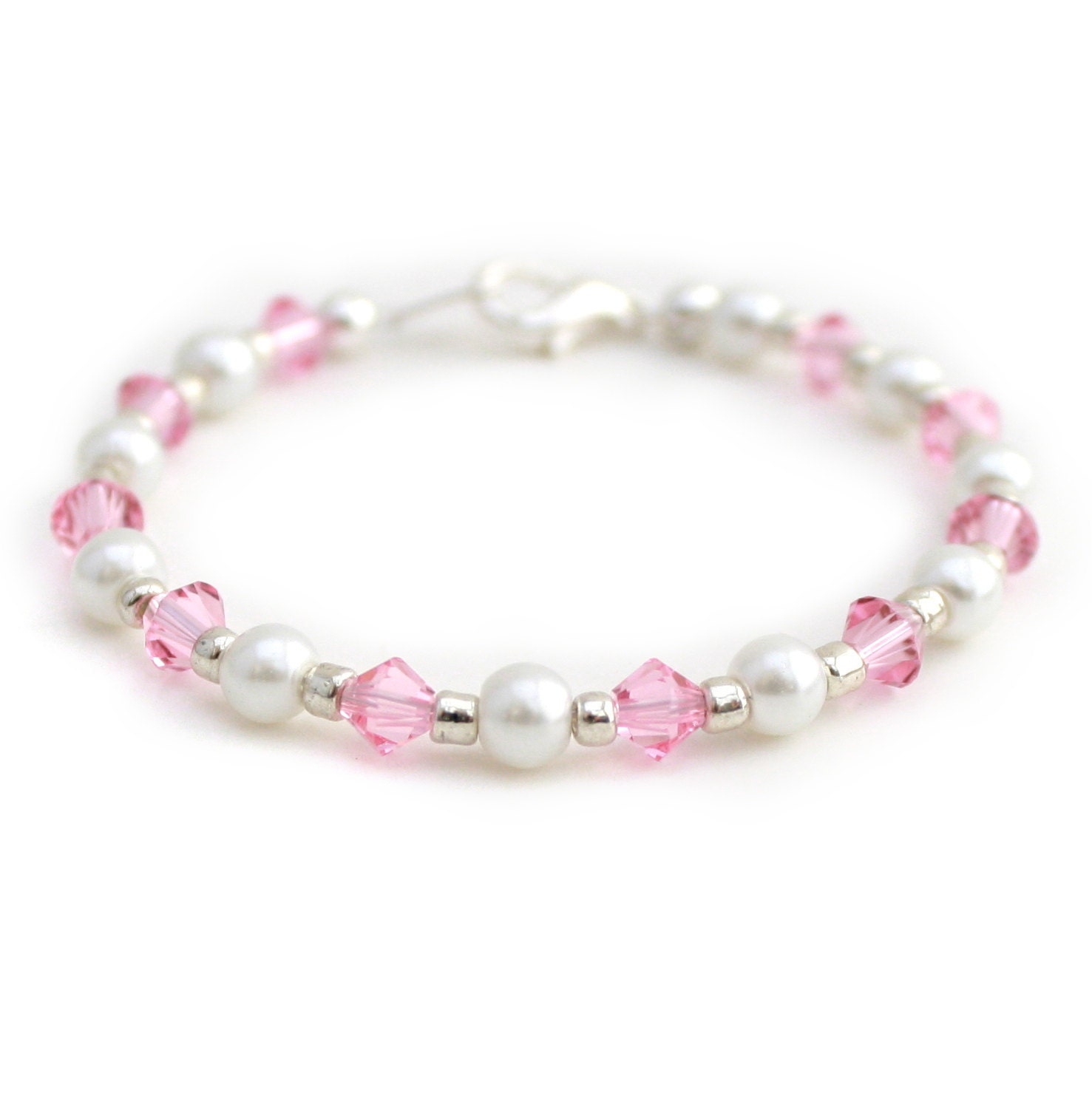 Baby Bracelet Girls Childs Pearl and Swarovski Crystal (White Pearls & Pink Crystals)