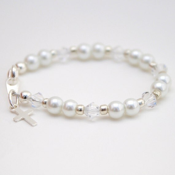 Baptism Baby Bracelet Jewelry Girls Childs Genuine Swarovski Pearl and Crystal  Baptism/Christening Cross Bracelet- Boutique Desi