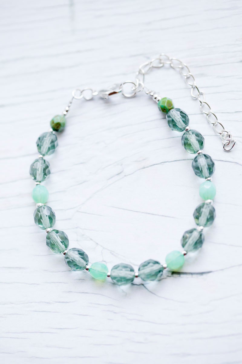 Tourmaline & Milky Seafoam faceted Glass Bead Bracelet . Fresh . Summer