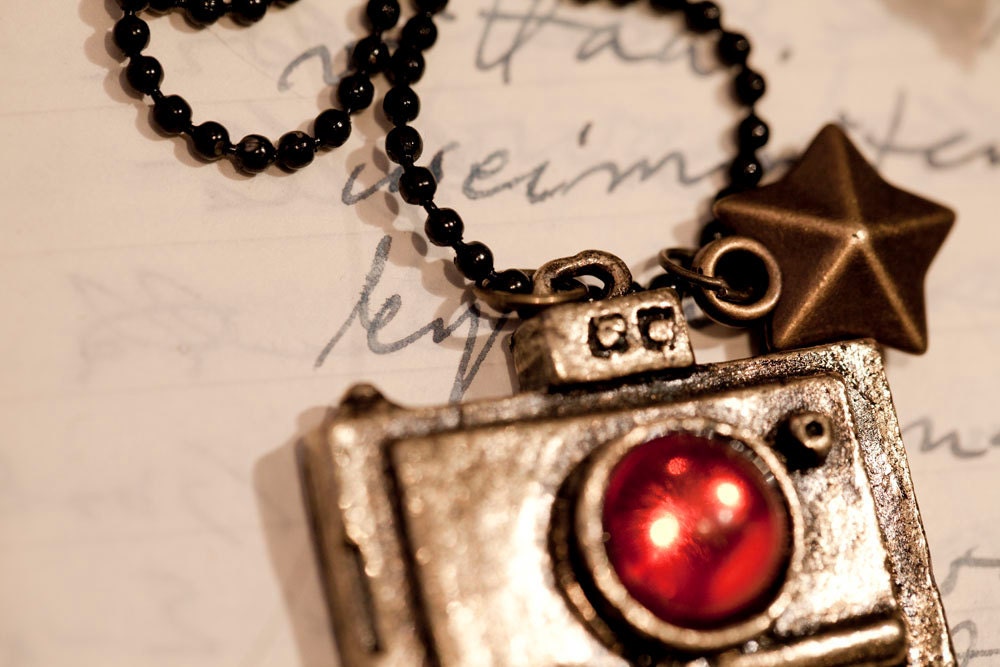 Huge Camera Pendant . Star . Black Ball Chain . Photographer