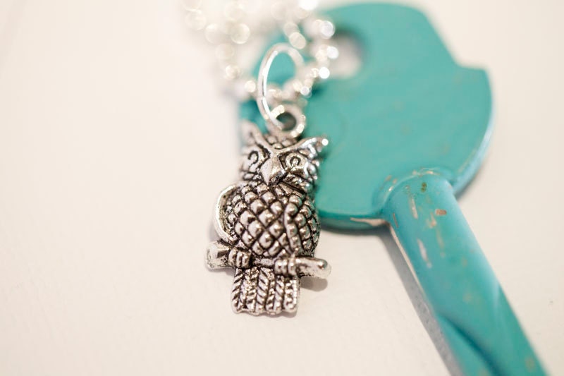 Large Turquoise Key with small owl . Ball chain . Retro style . Teal