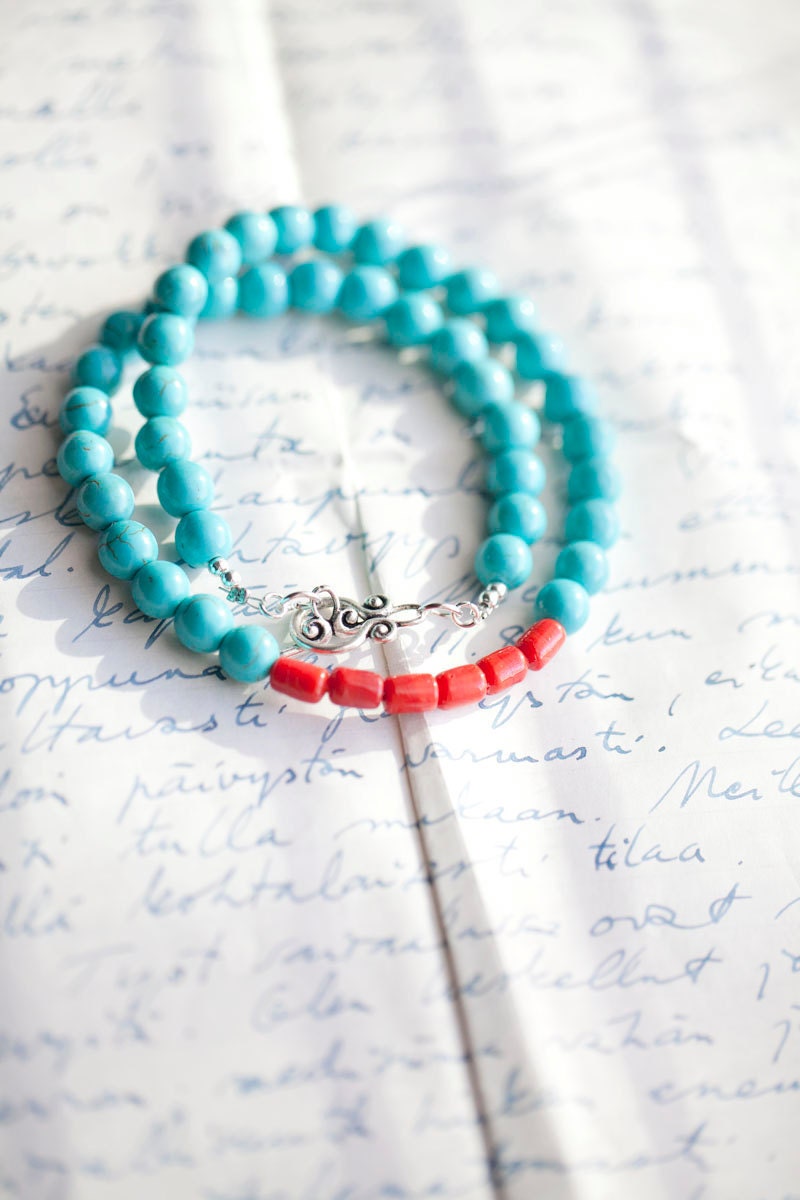 Turquoise Necklace . Red coral bead . Toggle clasp . Spring . Teal
