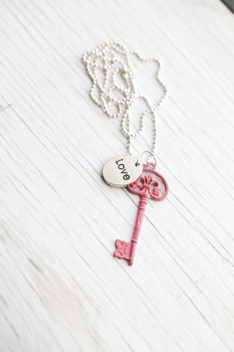 Dark pink Key pendant . Love . Ball chain . Hand painted . Vintage look . Mother's day
