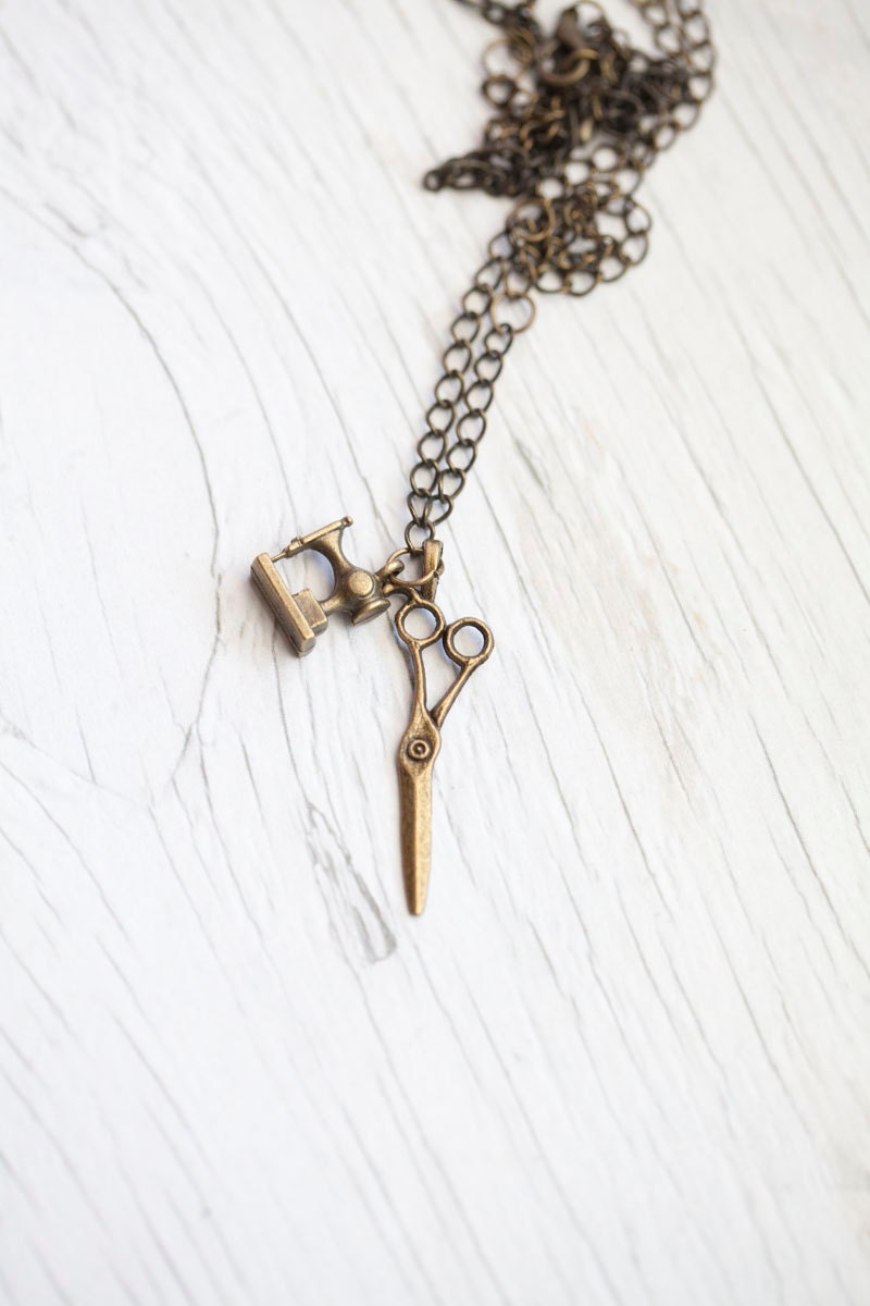 Sewing machine & scissors pendant . Antique brass chain . Cute . Gift . ONLY 1 LEFT