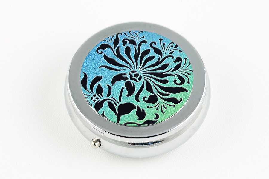 Pill Box or Mint Box - Floral Design in Black Green and Blue, Silver Tone
