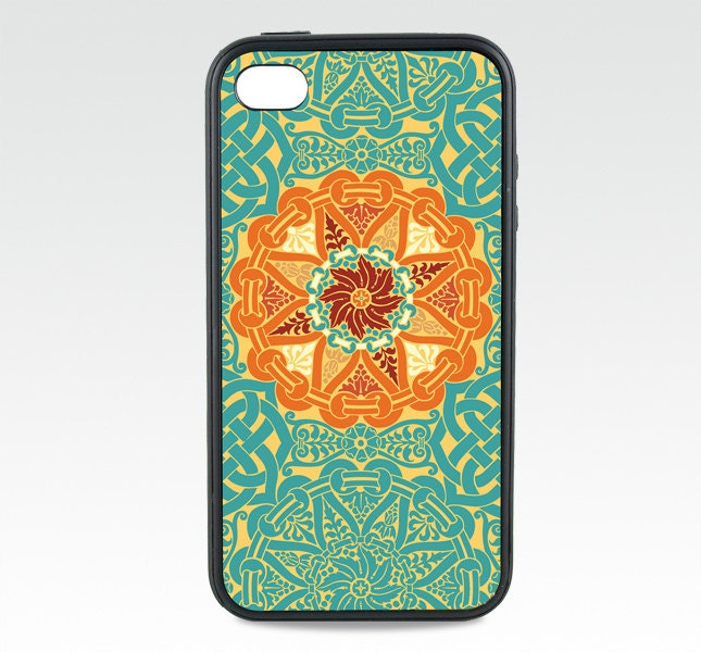 Geometric iPhone 4 Case, Renaissance Celtic Medallion Design Teal Blue Orange, White or Black Protective Silicone Rubber iPhone 4 S case