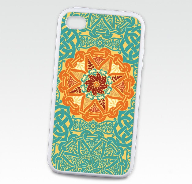 Geometric iPhone 4 Case, Renaissance Celtic Medallion Design Teal Blue Orange, White or Black Protective Silicone Rubber iPhone 4 S case