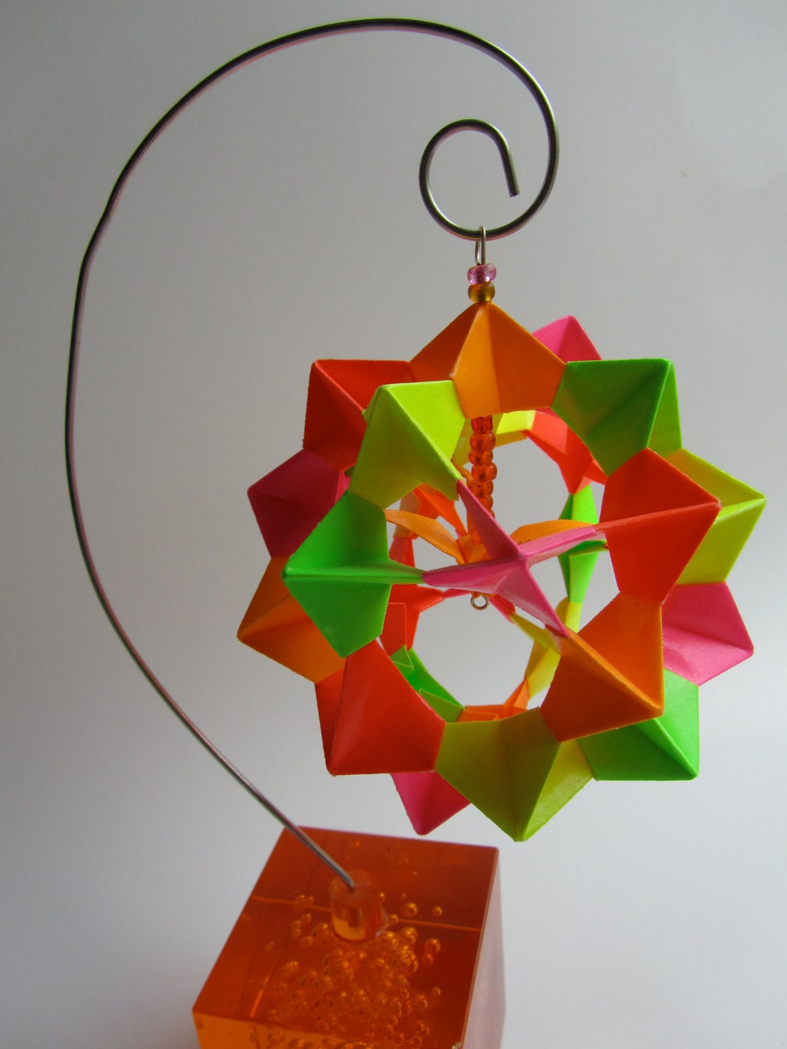 Ornament Home Décor 3D Modular Origami HANDMADE With Bright Fluorescent Neon Colors on an Ornament Stand OOAK
