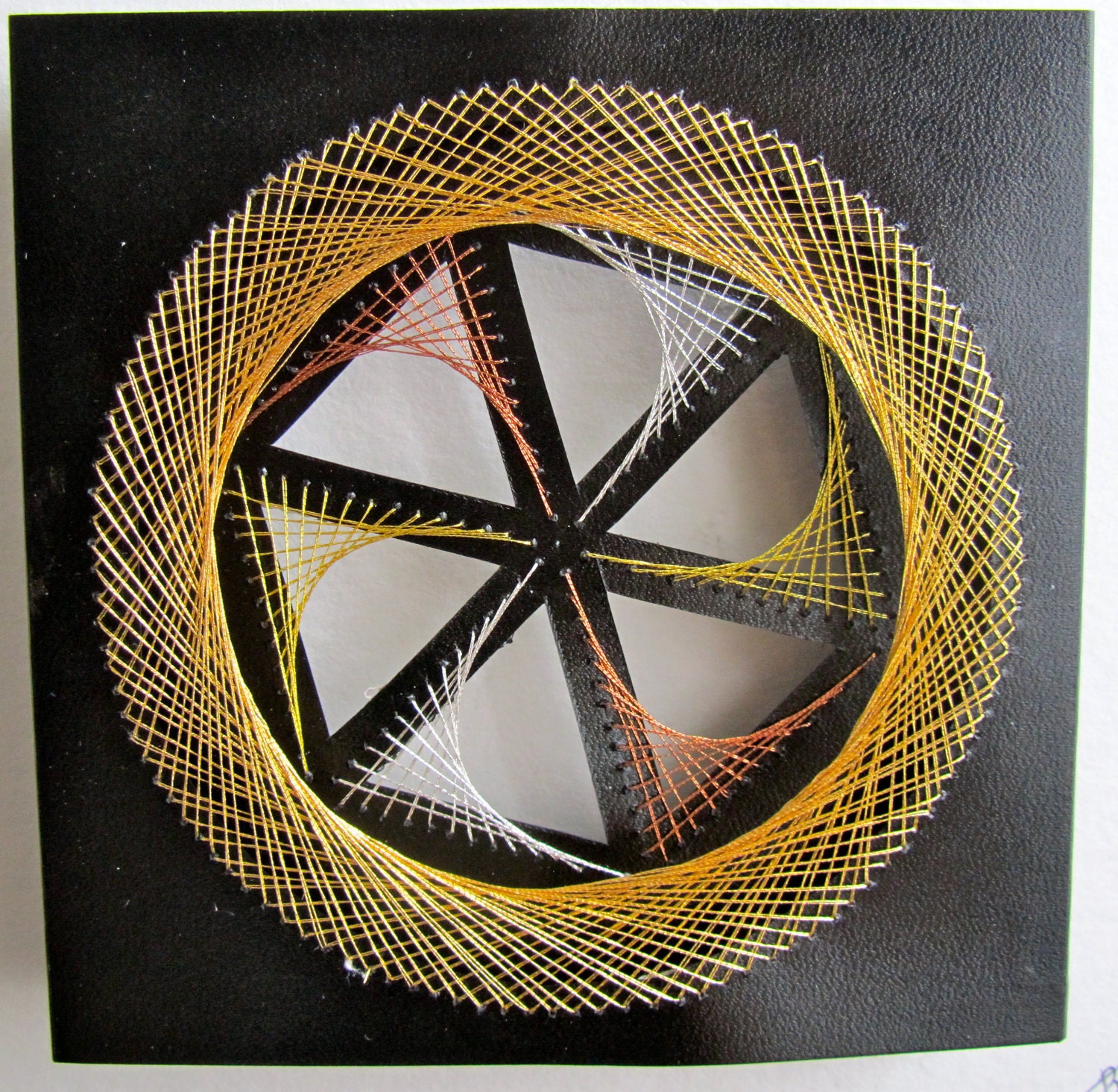 WALL ART Home Décor Geometric Original Design of String Art Handmade w/a Harmony of Metallic Threads in Gold, Silver and Copper OOAK