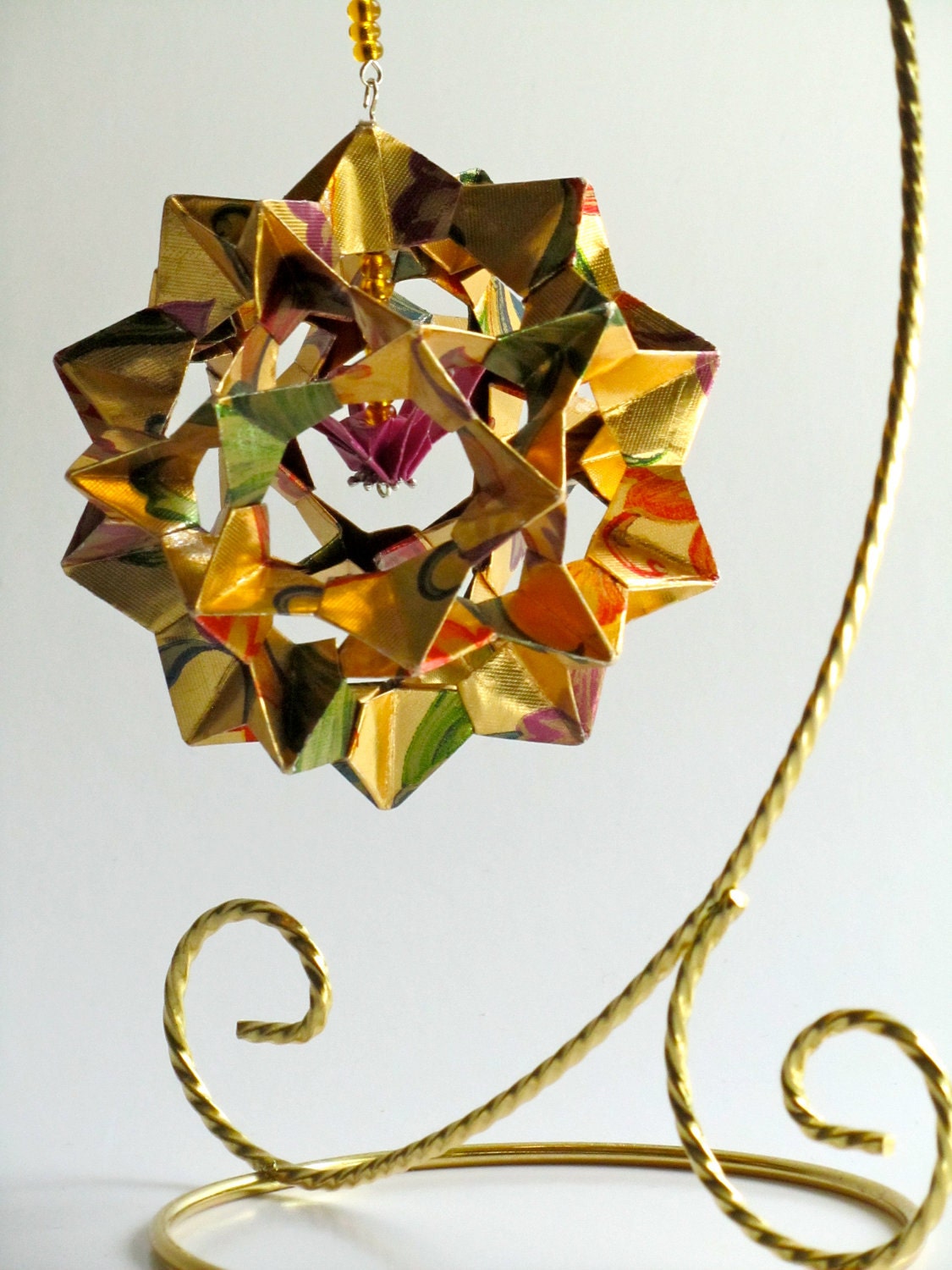 MOTHERS DAY GIFT Ornament Home Décor 3D Modular Origami Handmade Of Gold Washi Paper with Flowers Print Design on an Ornament Stand. OOaK